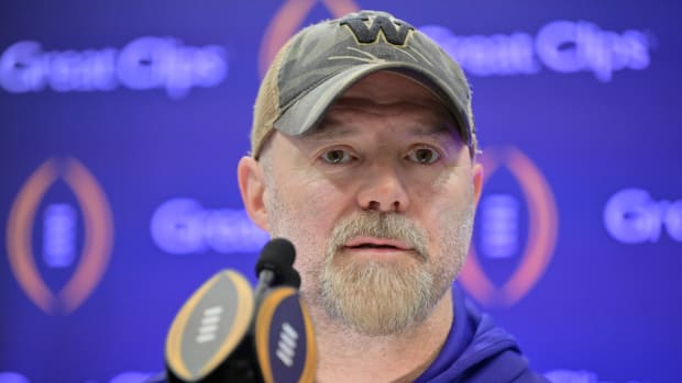 Jan 6, 2024; Houston, TX, USA; Washington Huskies offensive coordinator Ryan Grubb talks to the media during media day before the College Football Playoff national championship game against the Michigan Wolverines at George R Brown Convention Center. Mandatory Credit: Maria Lysaker-USA TODAY Sports